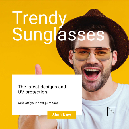 Designvorlage Trendige Sonnenbrillen-Werbung mit lächelndem jungen Mann für Instagram AD