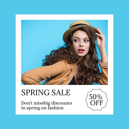 Ontwerpsjabloon van Instagram AD van Spring Sale Announcement with Beautiful Woman in Hat