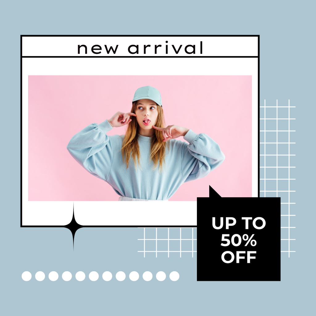 Fashion Ads with Young Girl in Blue Instagram Design Template