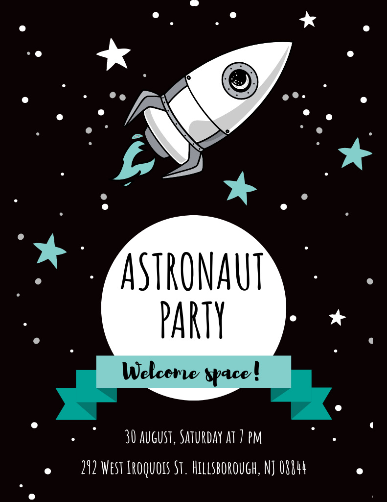 Contemporary Astronaut Party With Rocket in Space Flyer 8.5x11in Design Template