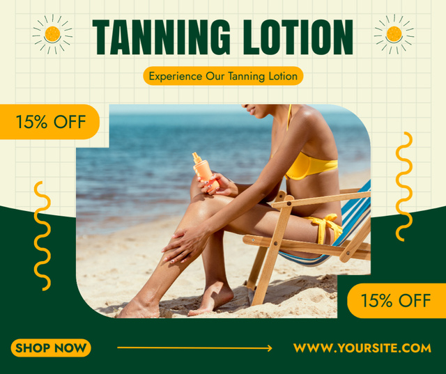 Discount on Tanning Lotion with Woman on Beach Facebookデザインテンプレート