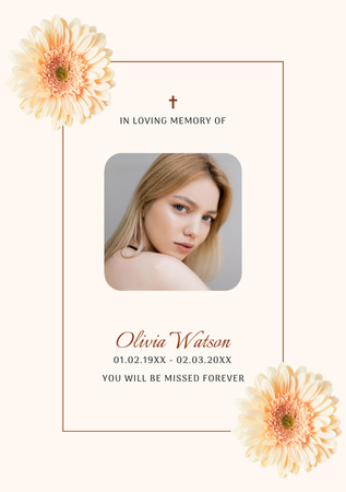 Funeral Memorial Card with Photo and Flowers Postcard A5 Vertical Design Template