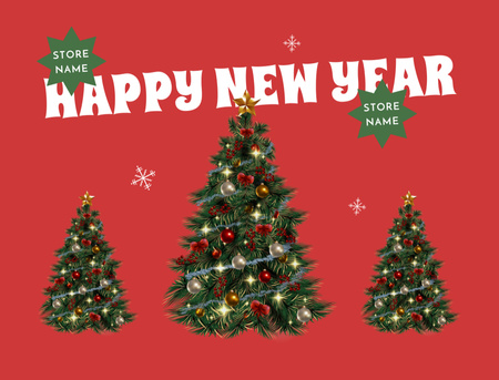 Happy New Year Greeting with Decorated Tree in Red Postcard 4.2x5.5in Design Template
