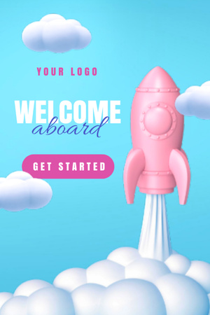 Welcome Phrase With Cute Rocket In Clouds Postcard 4x6in Vertical Design Template