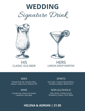 Template di design Elenco delle bevande di nozze con l'illustrazione di schizzo blu Menu 8.5x11in