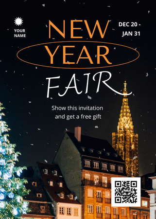 New Year Fair Announcement with snowy Town Invitation Modelo de Design