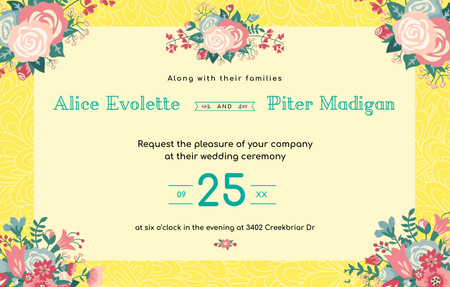 Wedding Announcement With Illustrated Flowers Invitation 4.6x7.2in Horizontal tervezősablon