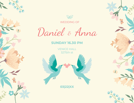 Platilla de diseño Wedding Announcement With Loving Birds Invitation 13.9x10.7cm Horizontal
