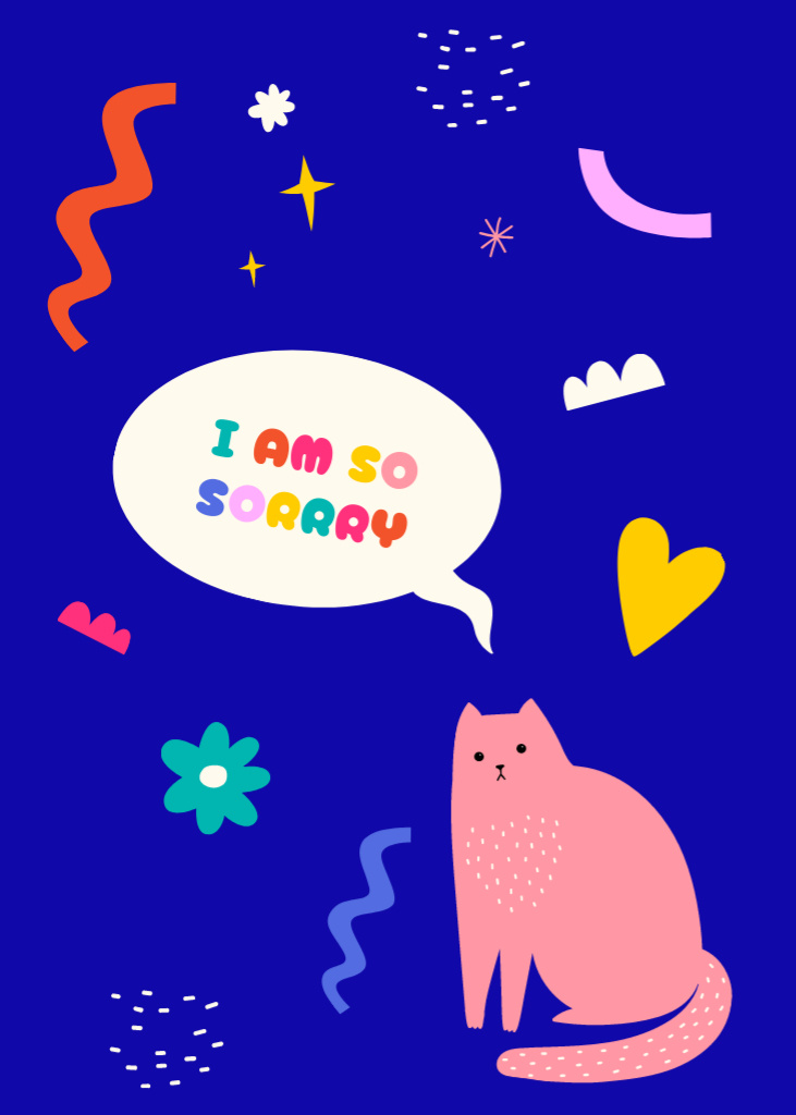 Colorful And Sincere Apologizing With Pink Cat In Blue Postcard 5x7in Vertical Modelo de Design