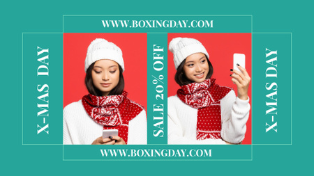 Sale for Christmas Day with Woman in winter hat FB event cover Design Template