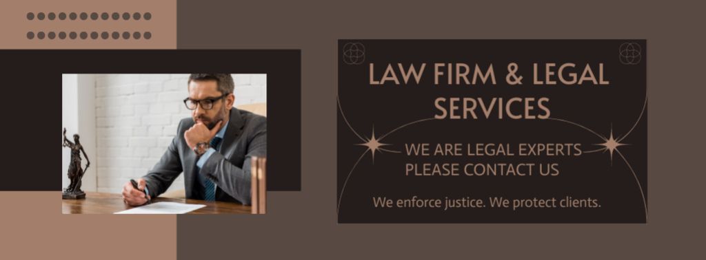 Legal Services Offer with Justice Statuette on Table Facebook coverデザインテンプレート