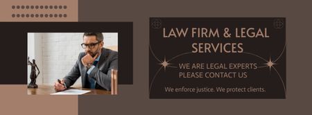 Oferta de serviços jurídicos com estatueta de justiça na mesa Facebook cover Modelo de Design