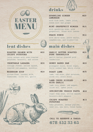 Easter Meals Offer with Illustration of Cute Rabbit Menu Design Template