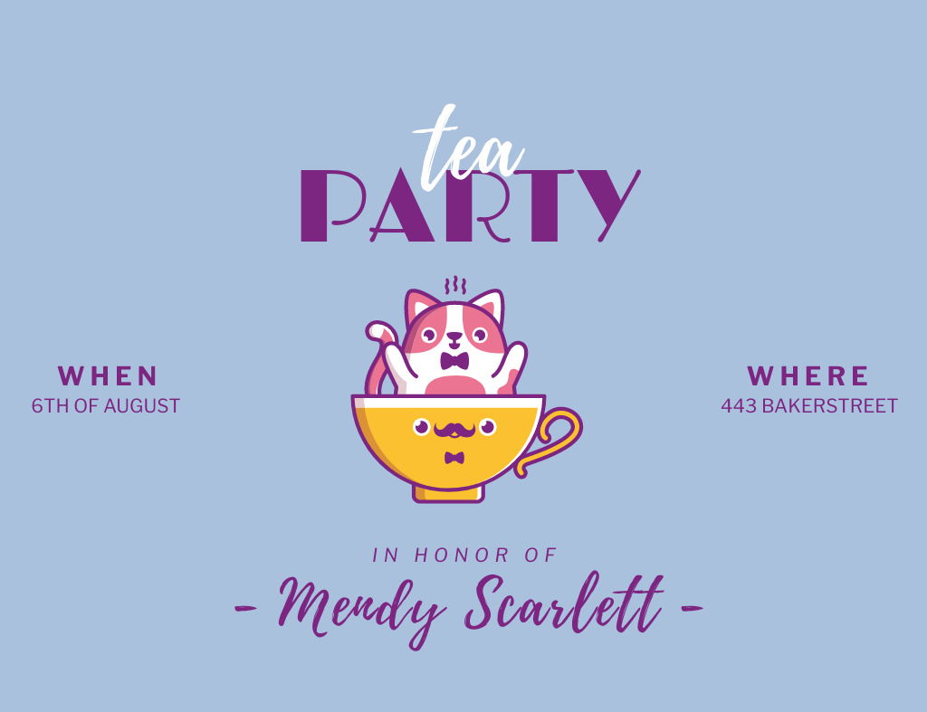 Template di design Tea Party Announcement With Cat And Cup Invitation 13.9x10.7cm Horizontal