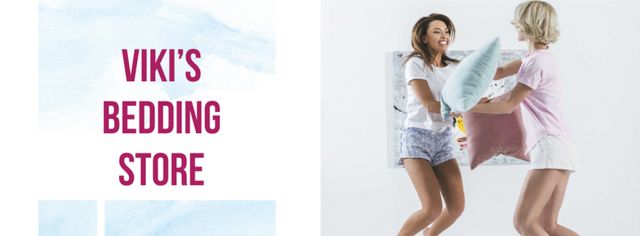 Modèle de visuel Bedding Store Offer with Girls playing Pillow Fight - Facebook cover