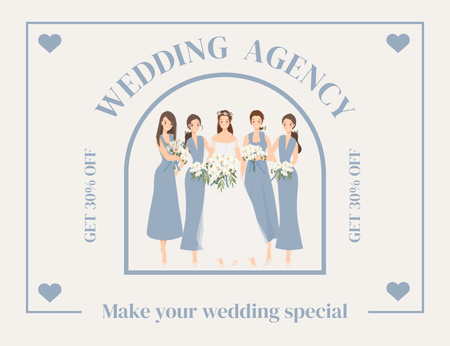 Plantilla de diseño de Anuncio de agencia de bodas con novia y damas de honor Thank You Card 5.5x4in Horizontal 