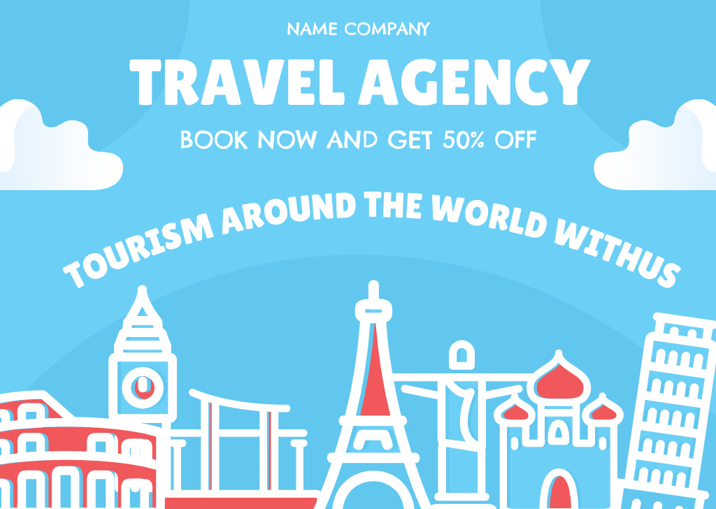 Travel Offer with Simple Illustration of Sights Card Design Template