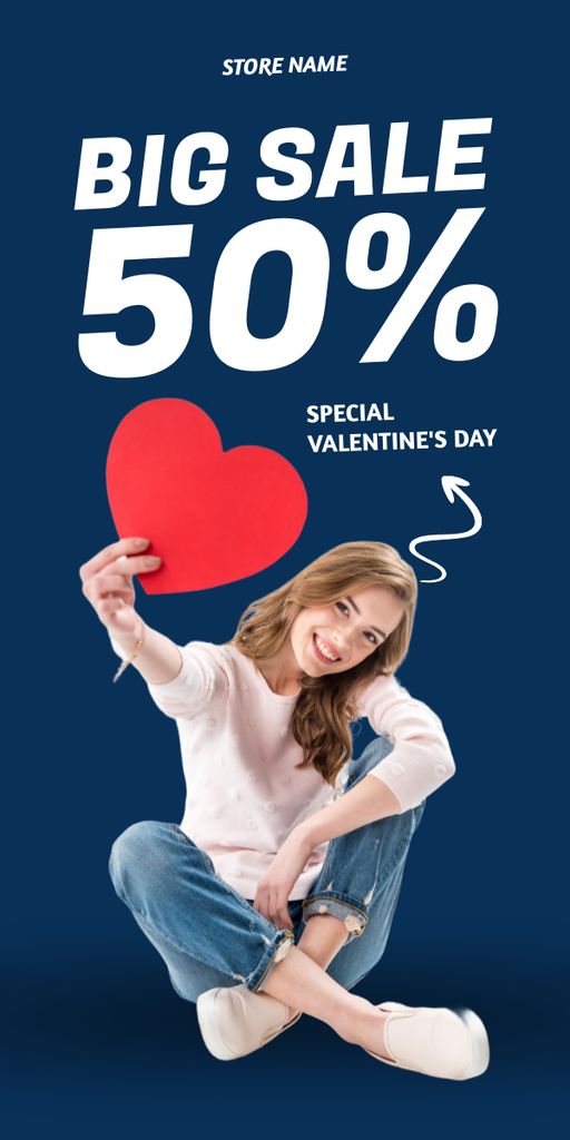 Valentine's Day Big Sale Announcement with Young Woman Graphic Design Template