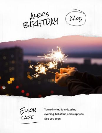 Plantilla de diseño de anuncio de la fiesta de cumpleaños con chispas brillantes Invitation 13.9x10.7cm 