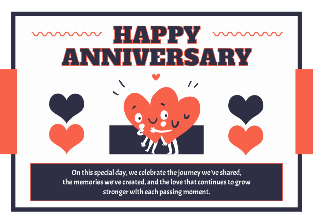 Szablon projektu Happy Anniversary Greetings with Lovers Cartoon Hearts Postcard 5x7in
