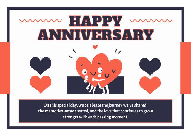 Designvorlage Happy Anniversary Greetings with Lovers Cartoon Hearts für Postcard 5x7in