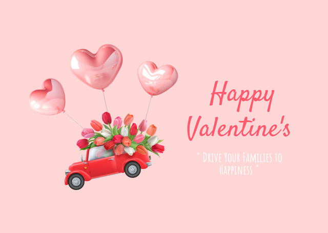 Valentine's Day Holiday Greeting with Car on Balloons Card Tasarım Şablonu