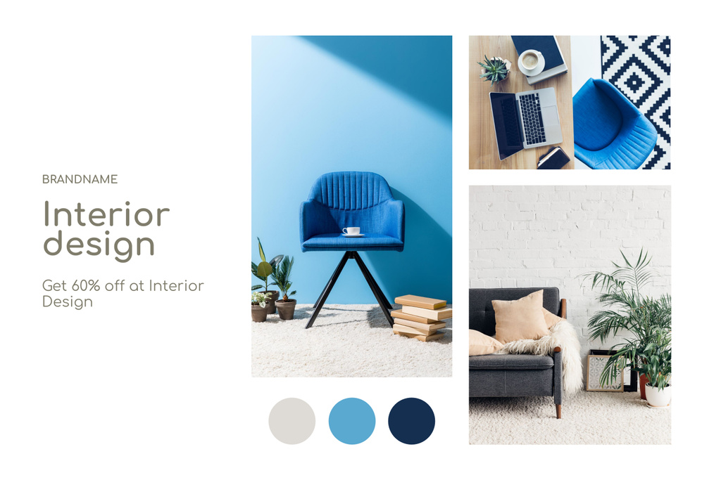 Plantilla de diseño de Interior Design Discount Grey and Blue Collage Mood Board 