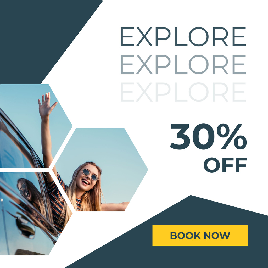 Travel Offer with Happy Girl in Car Instagram Design Template