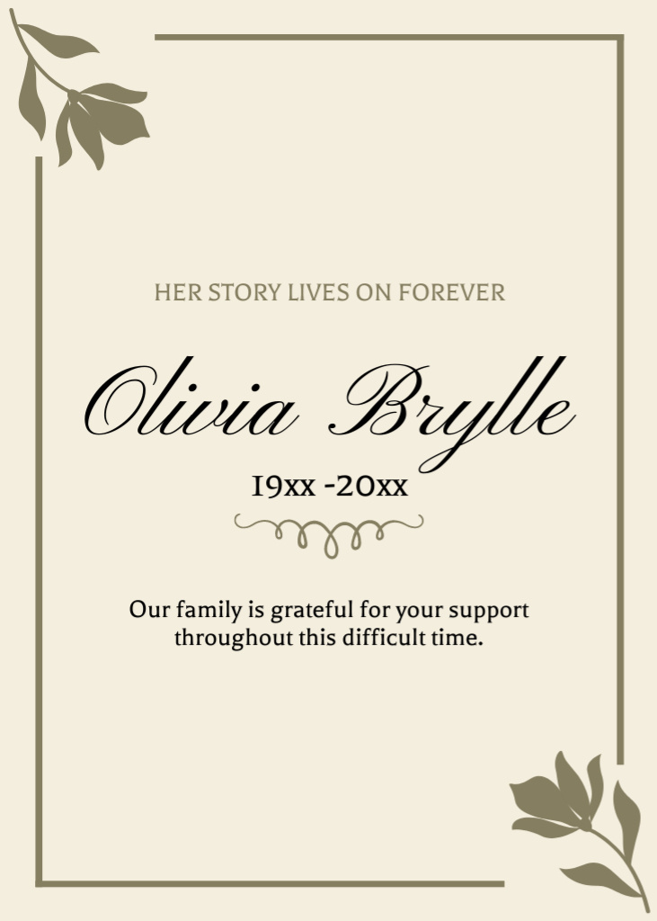 Funeral Remembrance Card with Floral Frame Postcard 5x7in Vertical Design Template