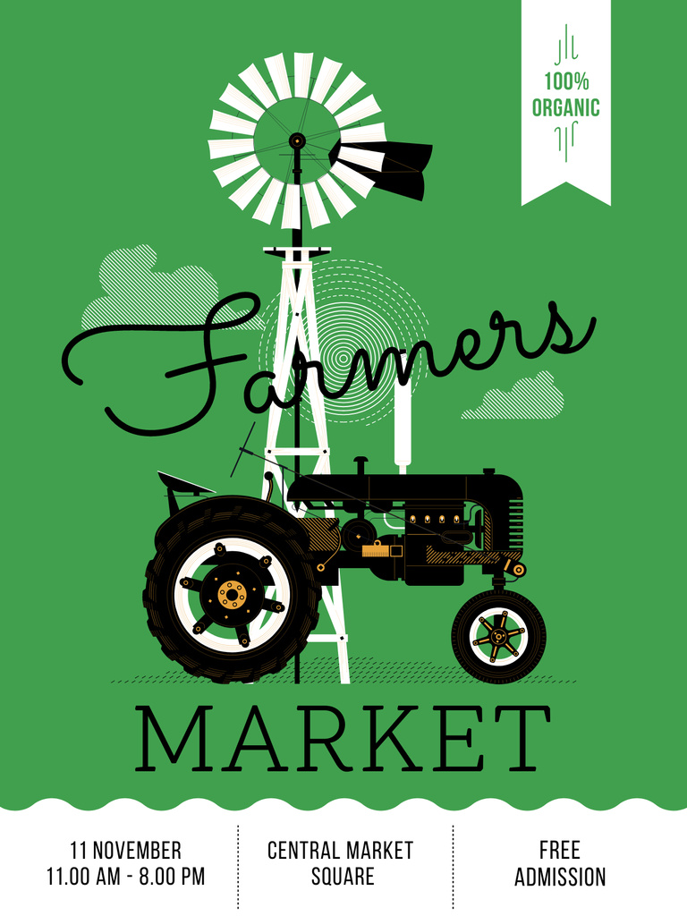 Farmers Market Event Ad with Tractor on Green Poster US Tasarım Şablonu