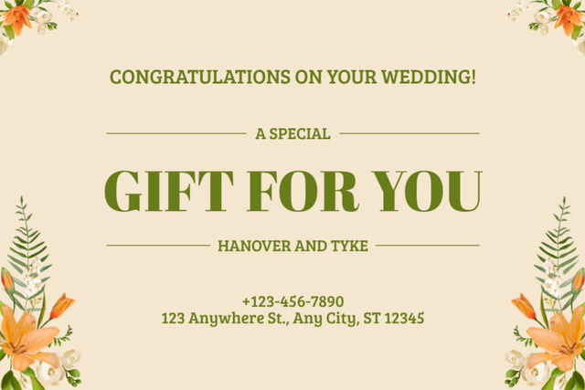 Wedding Congratulations Message with Orange Flowers Gift Certificate – шаблон для дизайна