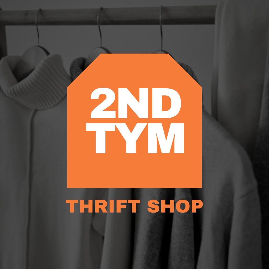 Thrift Shop Ad With Clothes On Hangers In Black Logo tervezősablon