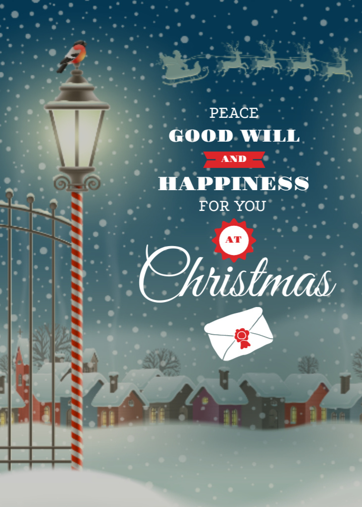 Wishing Happiness For Christmas With Snowy Night Village Postcard 5x7in Vertical Design Template