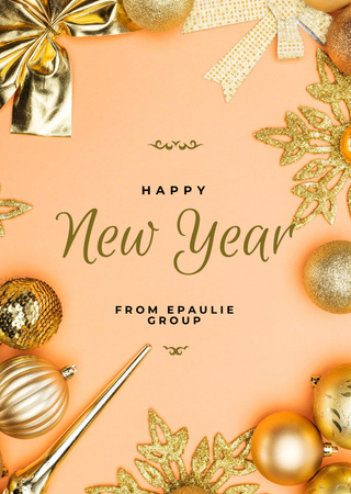 New Year Greeting with Golden Decorations Postcard A6 Vertical Design Template