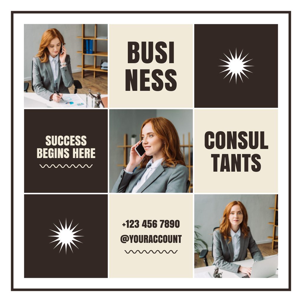 Services of Business Consultants with Woman in Office LinkedIn postデザインテンプレート