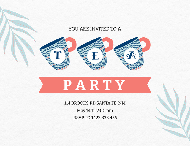 Announcement Of Tea Party With Painted Cups Invitation 13.9x10.7cm Horizontalデザインテンプレート
