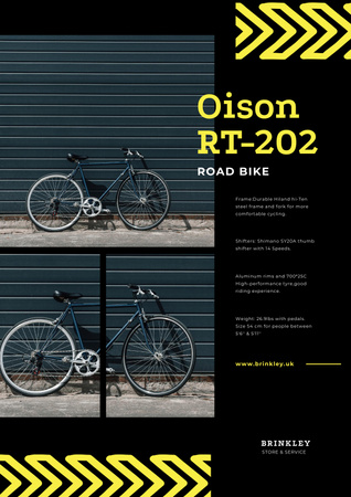 Plantilla de diseño de Anuncio de la tienda de bicicletas con bicicleta de carretera en negro Poster 