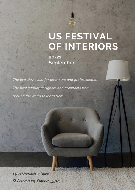 Festival of Interiors Event Announcement with Grey Armchair Poster B2 Design Template