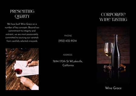 Designvorlage Ankündigung einer Weinprobe mit Weinglas und Flasche im Dunkeln für Brochure