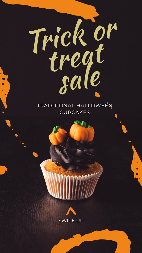 Designvorlage Trick or Treat Sale Halloween Cupcake with Pumpkins für Instagram Story
