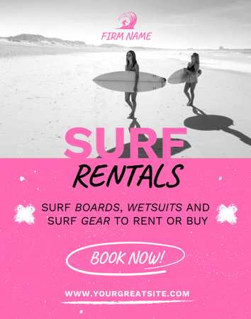 Surf Rentals Ad with Woman on Beach with Surfboards Poster 22x28in Tasarım Şablonu