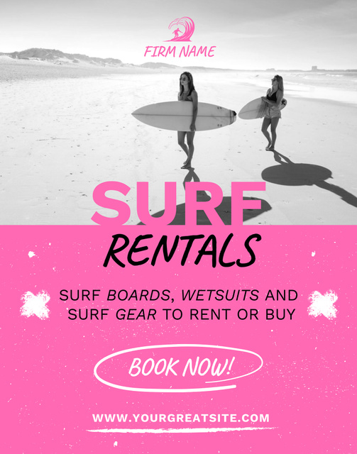 Surf Rentals Ad with Woman on Beach with Surfboards Poster 22x28in Šablona návrhu