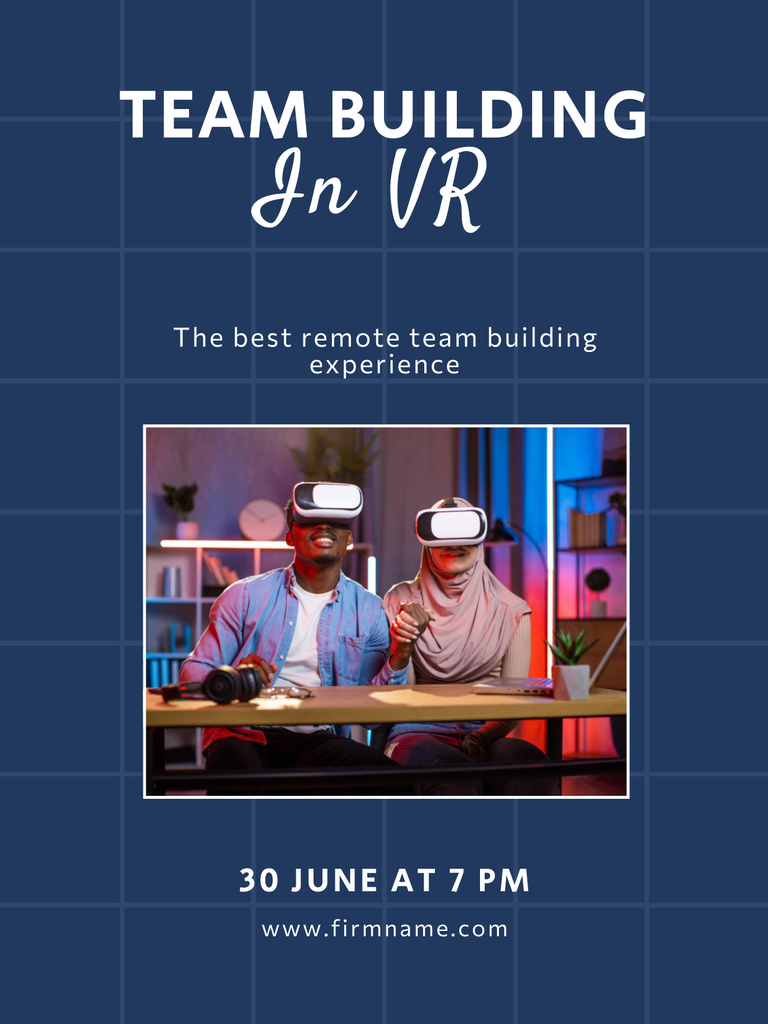 Online Collaborative Team Development With VR Glasses Poster US Modelo de Design