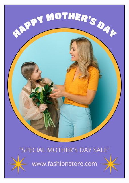 Mom and Daughter with Cute Bouquet on Mother's Day Poster Design Template