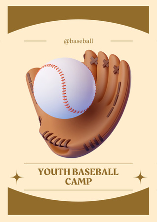Plantilla de diseño de Guante y pelota de béisbol de cuero para anuncio de campamento de béisbol juvenil Poster 