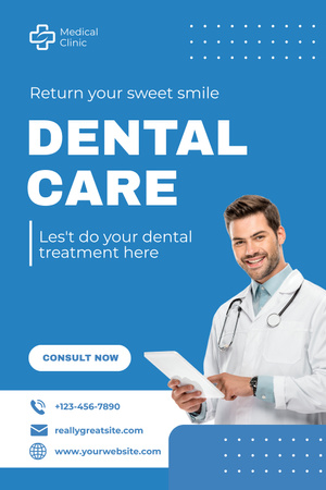 Services of Dental Care with Friendly Doctor Pinterest Design Template