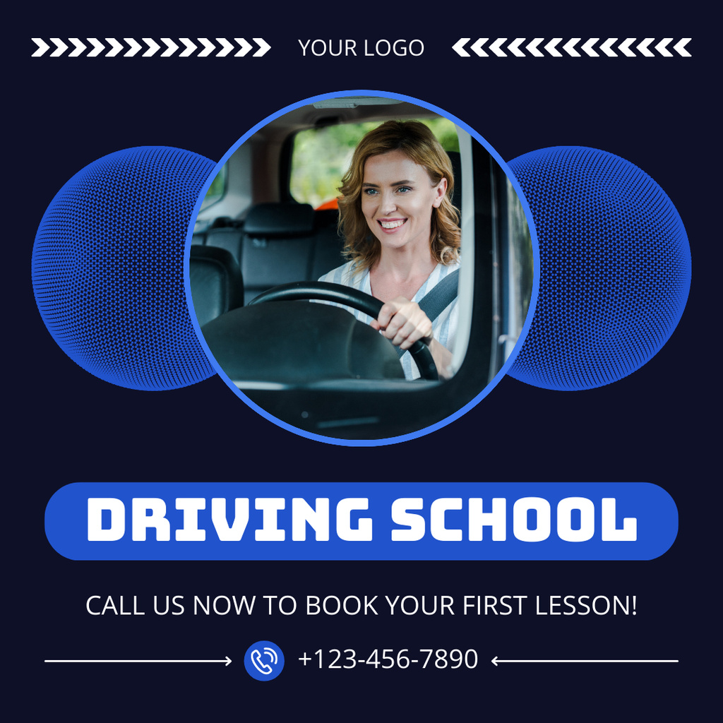 Driving School Lessons Offer With Contacts In Blue Instagram Modelo de Design