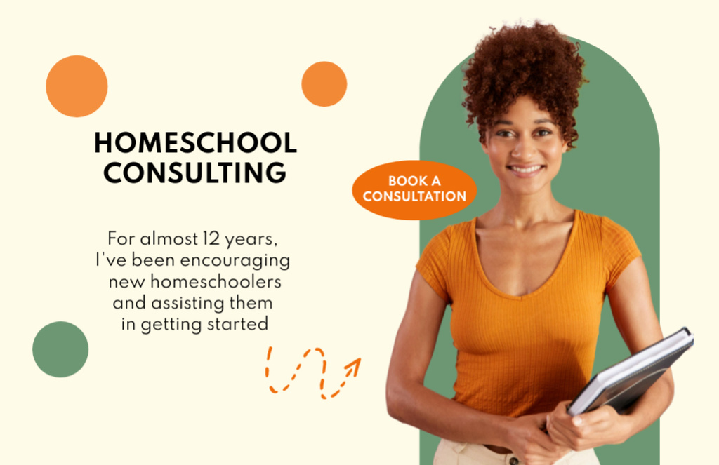 Plantilla de diseño de Homeschool Announcement with Woman in Orange Flyer 5.5x8.5in Horizontal 