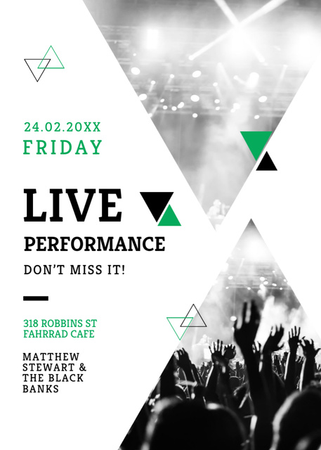 Live Performance Announcement with Green Triangles Postcard 5x7in Vertical Modelo de Design