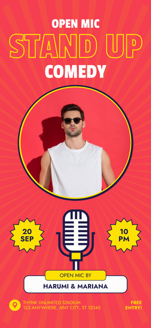 Open Microphone Event Ad with Man in Sunglasses Snapchat Geofilter Tasarım Şablonu